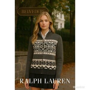 Ralph Lauren Active Wool Gray White Western Aztec Boho Sweater Jacket Cardigan M